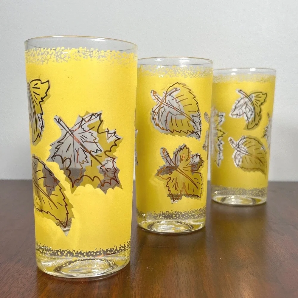 Libbey Glasses Yellow Frosted Highball Copper Leaf MCM Retro Barware THREE 1950s